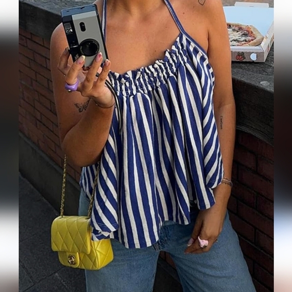 Free People NWOT Coastal Town Halter Top in Blue & White sz LRG - Picture 4 of 12